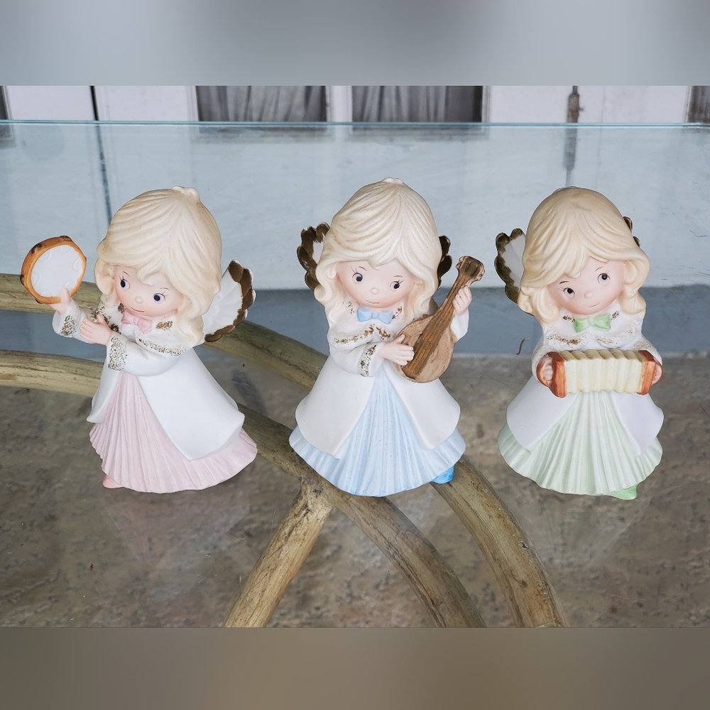 Vintage Homeco Christmas Trio Of Porcelain Musical Angel Figurines, Set of Three